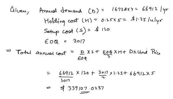 Cliven, $1.25 Julyo Annual demand (D) = 16728x4 = 66912 147 Holding cost (H) = 0.25x5= Setup cost (s) = $120 EoQ 3017 =) Tota