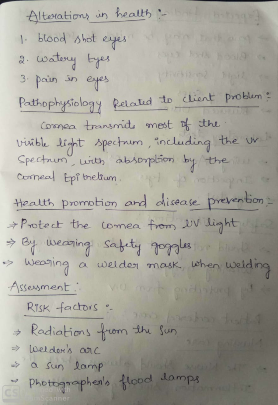 Alterations in health in that stage 1 blood shot eyes a fontan 2. watery eyes Shala 3. pain in eyes 2 Pathophysiology Related