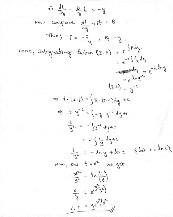 Now Now compare at tpt = Q Then; P= -f , Q==y Here, Integrating factor (I. f) = e spody و احمد y = ealny spunyol » t. (I.p) =