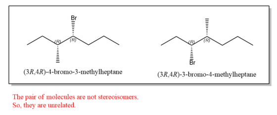 (R) (3R,4R)-4-bromo-3-methylheptane (31,4R)-3-bromo-4-methylheptane The pair of molecules are not stereoisomers. So, they are