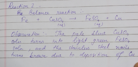 Reaction 2 :- a Balance - Fe + Cu Observation - solu turns solu , and turns brown reaction - Casou - Fesou + (aq) cag) The pa