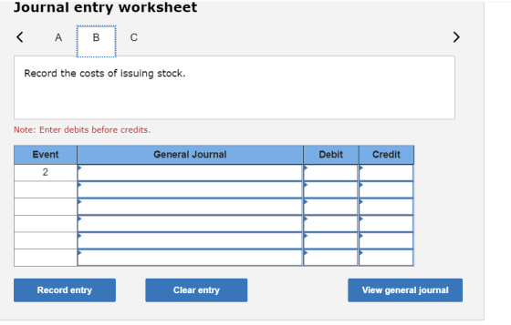 Journal entry worksheet < A B С Record the costs of issuing stock. Note: Enter debits before credits. General Journal Debit C
