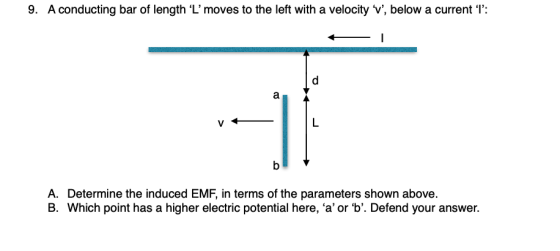 9. A conducting bar of length L moves to the left with a velocity v, below a current T: а b A. Determine the induced EMF,