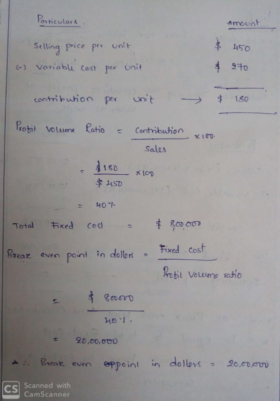 Particulars Amount Selling price per unit (-) variable cost per unit $ 450 & 270 contribution per unit & 180 Protit volume Ra