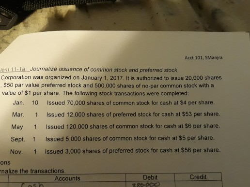 Acct 101, SManjra lem 11-1a Joumalize issuance of common stock and preferred stock. Corporation was organized on January 1, 2