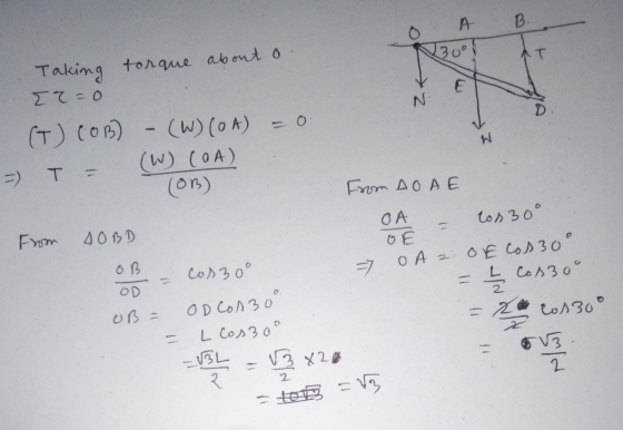 B. 0 30° ) Taking torque about o 2 = 0 (т) tог) - (w) (ок) - о - т (1) (он) (OB) From AO AE СА - Солъ0° From 40BD бE op - Col