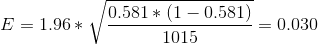 E = 1.96 *\sqrt {\frac {0.581*(1-0.581)}{1015}} = 0.030