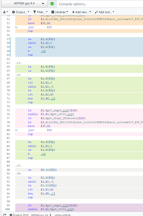 MIPS 64 goc 5.4 Compiler options... А 52 O Output... Y Filter... Libraries + Add new.. Add tool. 3+ge_P_C2207 ld $2,Xcal116(