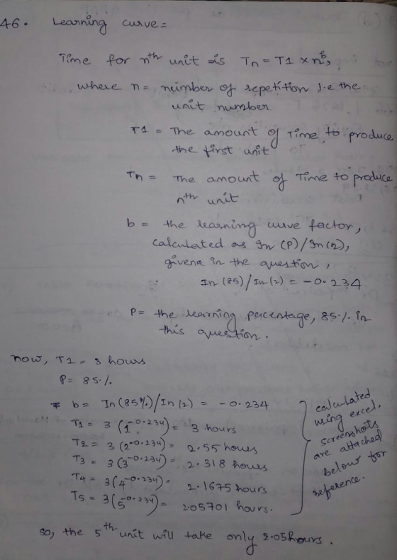 4G- Learning anve: TA-The amount l Time to produa , ㈦ ,produce the ivst unito The amount o Time to preuca nth unit b -the sconing cuive factoy calculated asthv CP)//gm(り) vene in the aueston this opescion na ex een 3 (2-o-23). T1= Q., 55 h ones 3 C3234 T3(4635 kours Ts= 3(-o-29). 205701 hours be ら so, the s unit wiu take onlyoous