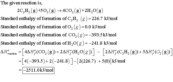 The givenreaction is, 2C,H2 (g)+502 (8)4C2(8)+2H20(s) Standard enthalpy of formation of C2H2 (g)-226.7 kJ/mol Standard enthal