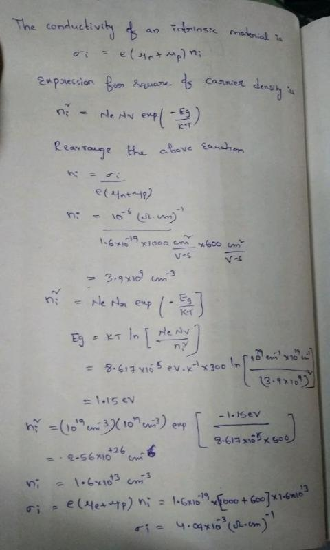 The conductivity of an intrinsic material in o el 40+ p); Expression for square of carrier density Ne nw explo. Rearrange the