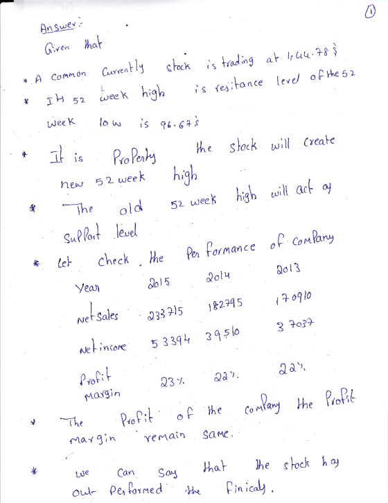 Answer: Given that . 1 week 1 Troren 4. A common Currently stock is trading at I, 44.788 * IH 52 week high is resitance level