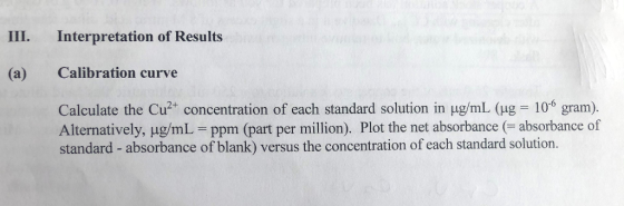 III. Interpretation of Results (a) Calibration curve Calculate the Cu2+ concentration of each standard solution in ug/mL (ug