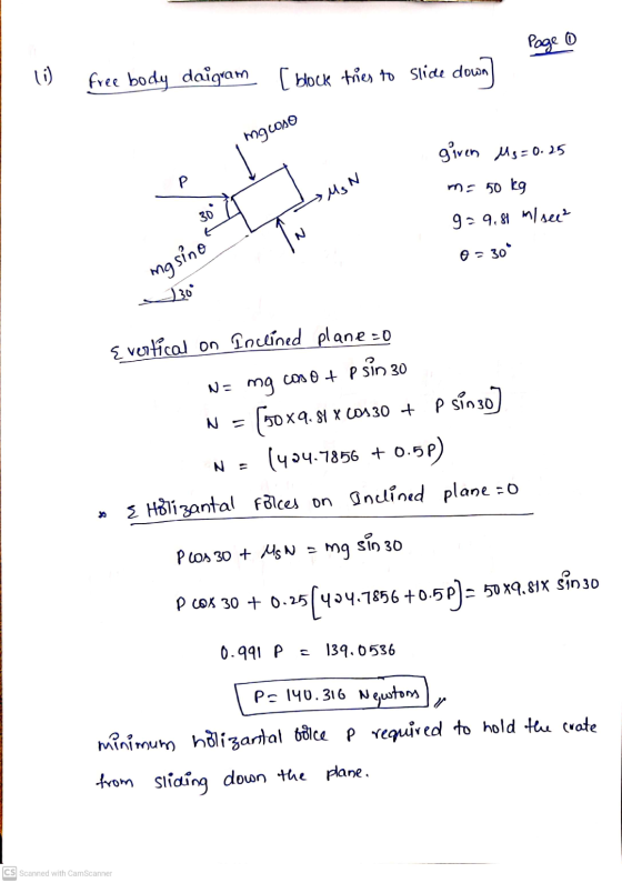 Page 1 Ui) free body daigram [block tries to slide down) mocoso giren Ms=0.25 me 50 kg P > MSN 30 9=9,81 ml see = 30° mg sino