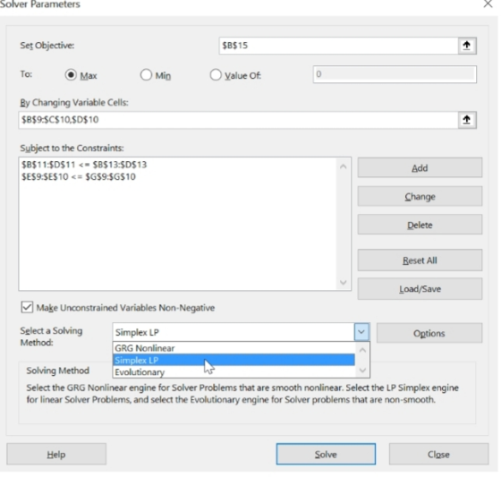 Solver Parameters Set Objective: SB$15 O Mio yalue O To: Max By Changing Variable Cells: SB$9 SCS10,SD$10 Subject to the Cons