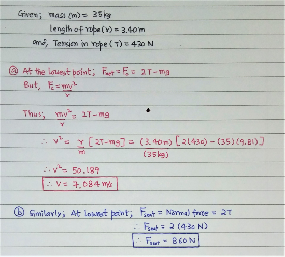 Given; mass (m) = 35kg length of rope (Y) = 3.40m and, Tension in rope (T) = 430 N @ At the lowest point; Fret = F = 2T-mg Bu