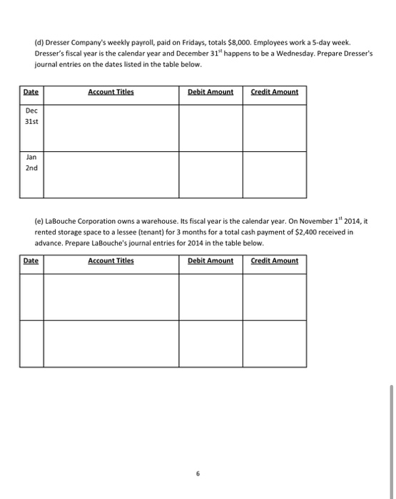 (d) Dresser Companys weekly payroll, paid on Fridays, totals $8,000. Employees work a 5-day week. Dressers fiscal year is t