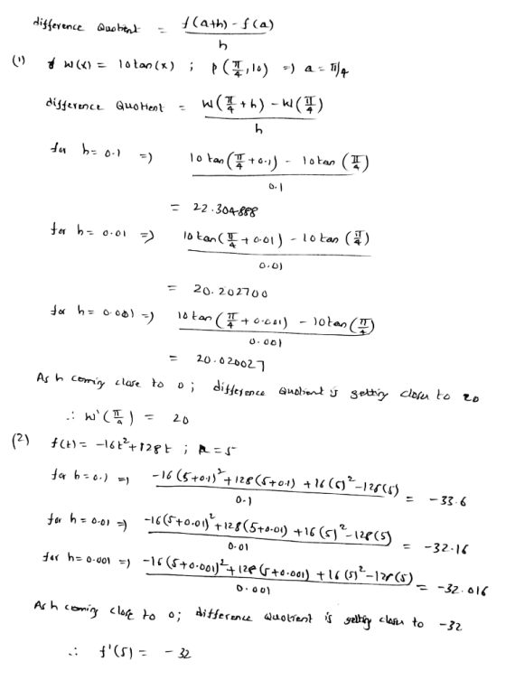 difference Quobil Hath) - f(a) () pow() = loton (x) ; p (1,16) =) a - - Tila difference Quotent W(+h)-W(9) h for brol lotan (