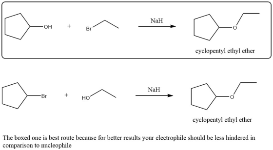 NaH -OH + Br? cyclopentyl ethyl ether NaH Oommor HO cyclopentyl ethyl ether The boxed one is best route because for better re