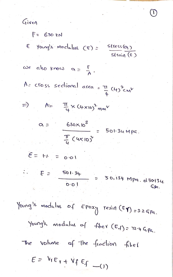 - Given F: 630 KN € Youngs modalus (E) = Stressla) Strain (E) we also know یا f A A: cross sectional area II (4)?cm? 4 A= TT