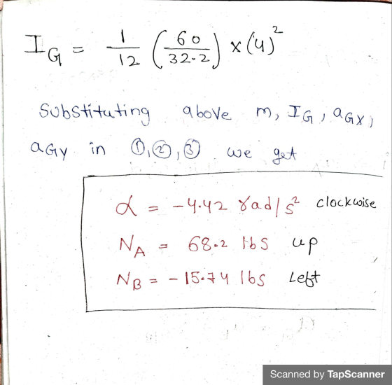 2 IG 60 32-2 X (4) G 12 above m, IG, aGx) Substituting in 0, AGY we get 2 d -4.42 Yad/ clockwise N 68.2 lbs up А NB = - 15.74