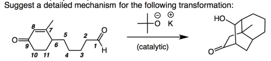 Suggest a detailed mechanism for the following transformation: HO O K 8 7 5 2 6 10 1143 9 (catalytic)