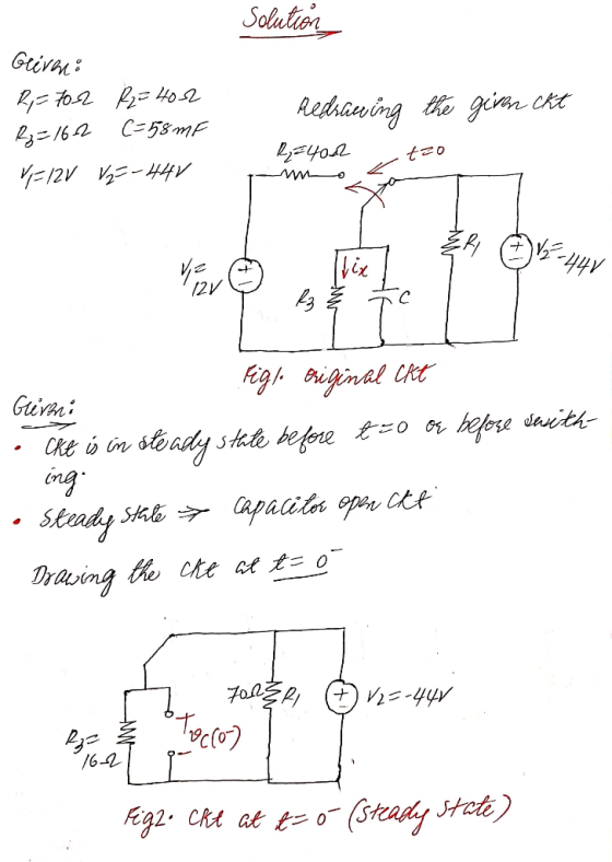 Solution Geiren: R=702 R2 = 402 R2=162 (=58mF V=12V V2 =-440 Refrieving the given Ckt R, 4002tzo 12VY R2 e 7 Figl Briginal Ck