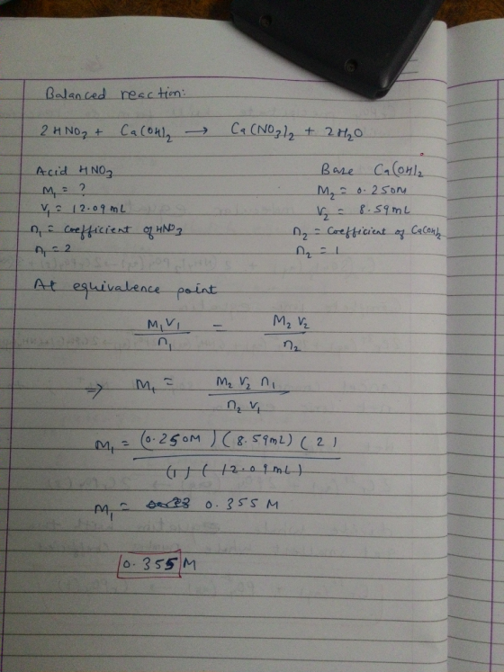 Balanced reaction: 2HNO₃ + Ca(OH → Acid 4NO₂ M = ? V o 12.09mL eon e coefficient of HNO3 A, 2.2 Ca(NO3)2 + 2H20 Base Ca(OH M
