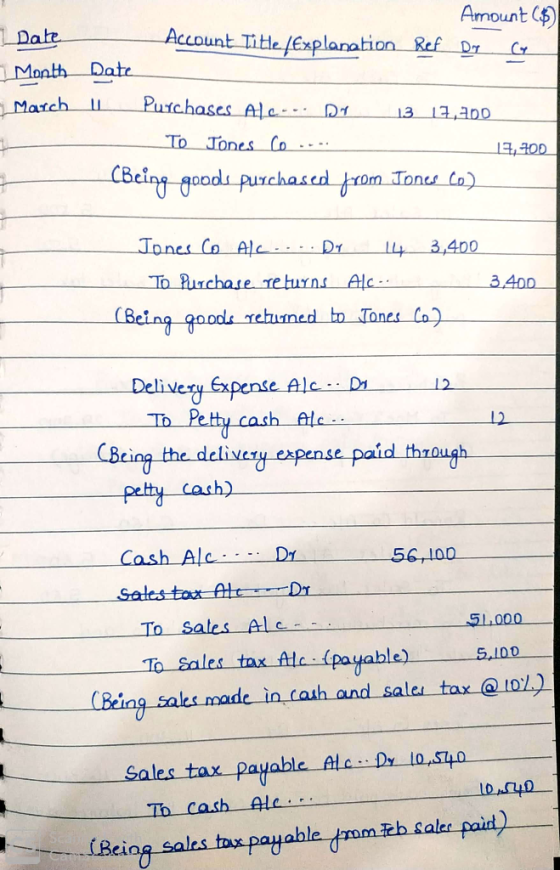 I Date Month March Amount ($) - Account Title/Explanation Ref Dy sy Date U Purchases Ale--. DP 13 13,200 To Jones Co ... 14,7
