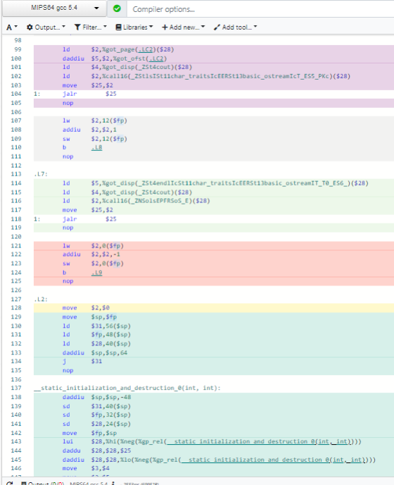 MIPS 64 goc 5.4 Compiler options... Ат O Output... Filter... - Libraries + Add new... Add tool. 98 99 180 181 102 ld $2, Xgo