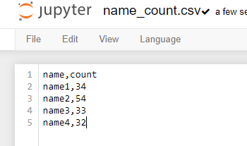 jupyter name_count.csvv a few se File Edit View Language 1 name, count 2 name1,34 name2,54 name3,33 name4,32