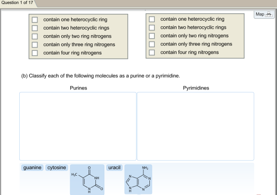 a) Identify the structural features of purines and