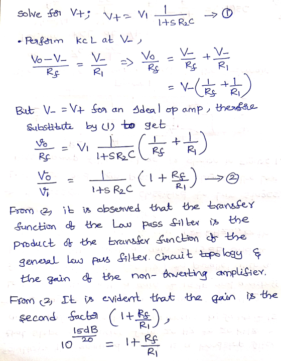 solve for Vt; t = V1 1 © HSR2C + Golf +1 • Perform Kc L at v- Vo-V. V- Vo V- Rf RI Rg Ri V-(RS Ri Bit V-= Vt for an Ideal op