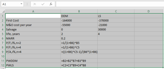DDM -164000 -55000 -370000 -21000 30000 2 2 First Cost 3 M&O cost per year 4 Salvage 5 life, years 6 MARR 7 P/F,1%, n=2 8 P/F