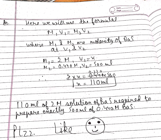UW WO . Date Page Иeko px 40. 0 м ( м) 40 — M, V = M.₂ V 2 wherie M, & My are molarity of Bas at v. & V2 Mi = 2 M vizu : M₂ =