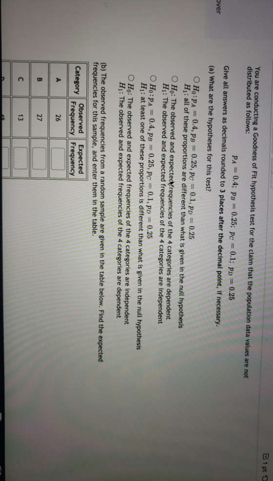 B1 pts Over You are conducting a Goodness of Fit hypothesis test for the claim that the population data values are not distri