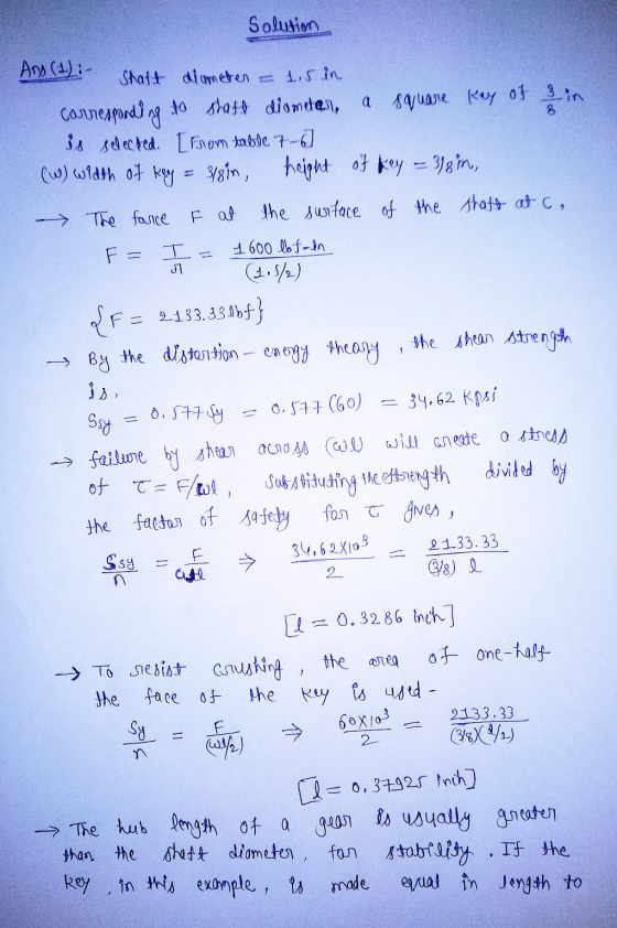 Solution And (1):- Shaft diameter = 1.5 in. Cosiresponding to share diomeen, a square Kay of sin is selected. [From table 7-6