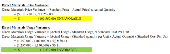 Direct Materials Price Variance: Direct Materials Price Variance (Standard Price- Actual Price) x Actual Quantity (S0.11- $0.