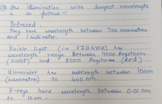 e illumination with longest wavelength is as follows : Infrared They have wavelength between 700 nanometres and 1 millimetre.