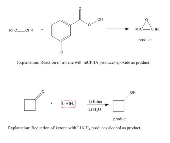 OON RHC= CHR + RHC—CHR product Explanation: Reaction of alkene with mCPBA produces epoxide as product. OH LiAlH 1) Ether 2) H