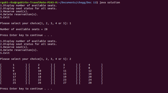 rgukt-rkv@rguktrkv-TravelMate-P243-M:-/Documents/HomeworkLib/Dec 11$ java solution 1.Display number of available seats. 2.Display s