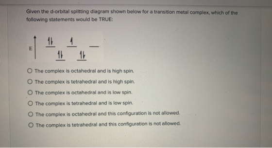Given the d-orbital splitting diagram shown below for a transition metal complex, which of the following statements would be