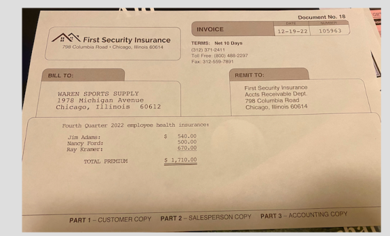GH Document No. 18 DATE 12-19-22 105963 INVOICE 11 First Security Insurance 798 Columbia Road . Chicago, Illinois 60614 TERMS
