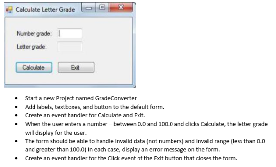 calculate Letter Grade Number grade: I Letter grade: Calculate Exxt Start a new Project named GradeConverter Add labels, textboxes, and button to the default form. Create an event handler for Calculate and Exit. . When the user enters a number- between 0.0 and 100.0 and clicks Calculate, the letter grade will display for the user The form should be able to handle invalid data (not numbers) and invalid range (less than 0.0 and greater than 100.0) In each case, display an error message on the form. Create an event handler for the Click event of the Exit button that closes the form.