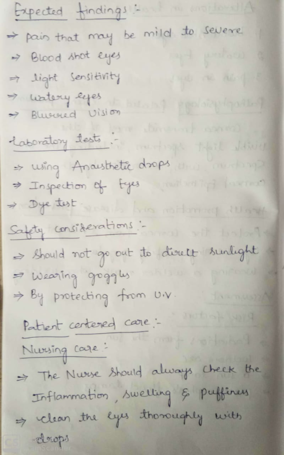 to severe Expected findings :- pain that may be mild * Blood shot eyes > light sensitivity watery leges * Blurred vision tuna