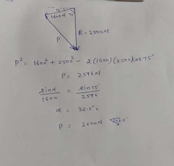 Isa 1600N 75 R = 2500N p² = 1600² +250 - 2 (1600) (2500kosts P= 2596N sind = sints ole 2596 e x = 36.5 c Pris Pa 26000