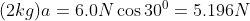 (2kg)a = 6.0 N\cos 30^{0} = 5.196 N
