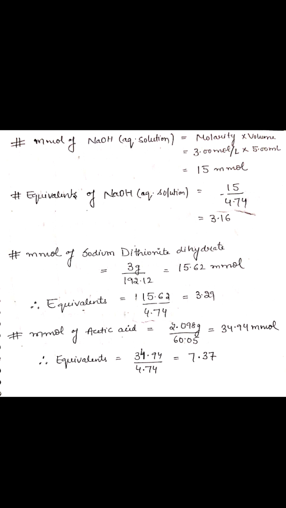 # mucol of NaOH (aq; solution ) = Molosuty x volume = 3.00 meet x 5.com = 15 mmol of Naoh (aq; solution) = 15 - 4.74 # Equiva