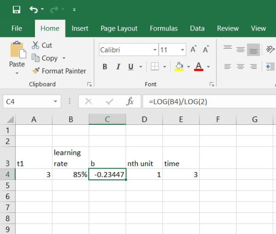 File Home Insert Page Layout Formulas Data Review View Calibri ▼11 ▼ AA Ee Copy Paste Format Painter Clipboard Font C4 learning 3 t1 4 rate ,-thunit 1 time 85%-0.23447