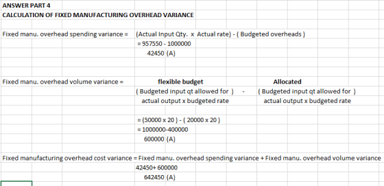ANSWER PART 4 CALCULATION OF FIXED MANUFACTURING OVERHEAD VARIANCE Fixed manu. overhead spending variance = (Actual Input Qty